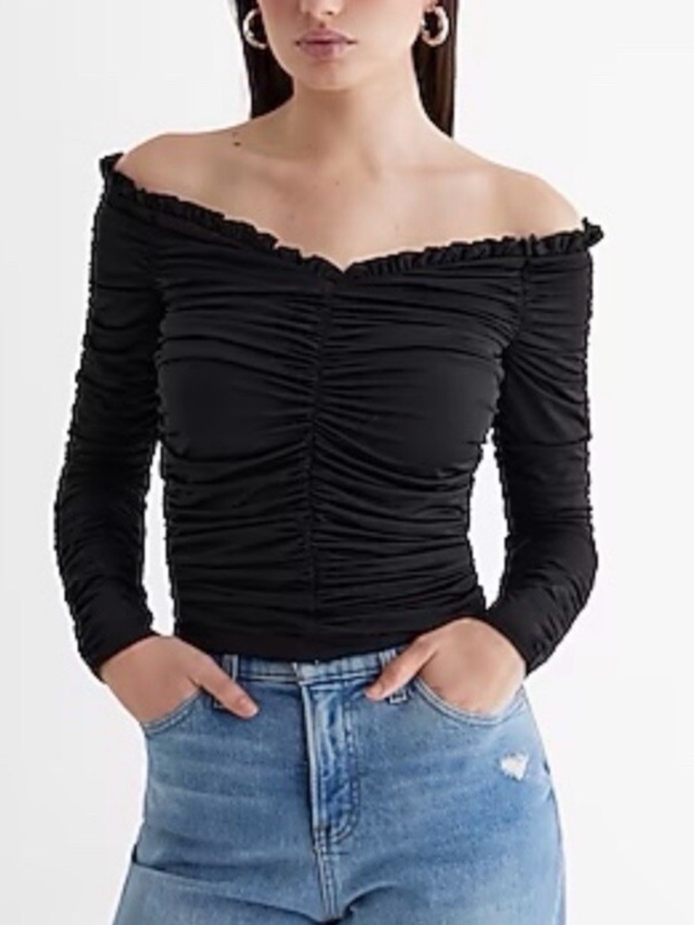 Express Black Body Contour Off-Shoulder Ruched Long Sleeve Bodysuit